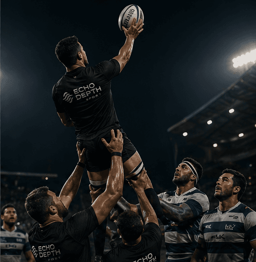 Rugby players performing a lineout during a match